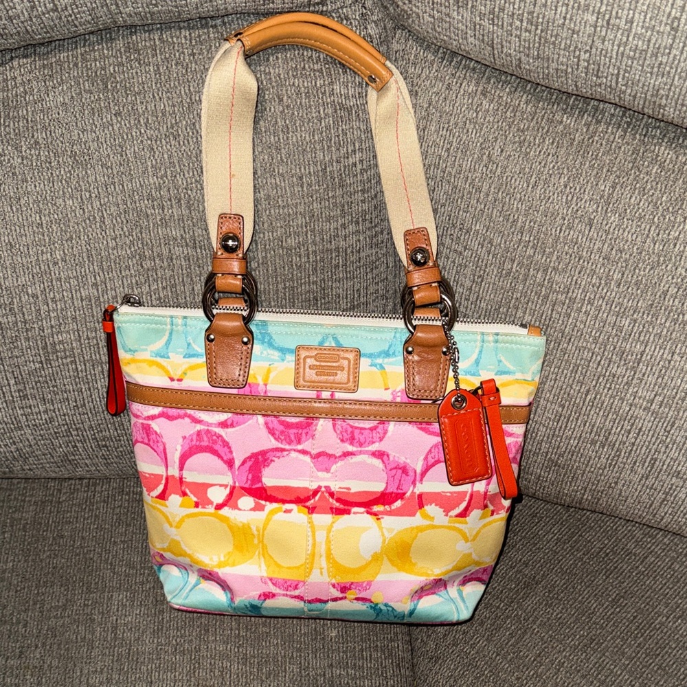Coach Hampton Weekend Watercolor Rainbow Canvas Tote-small